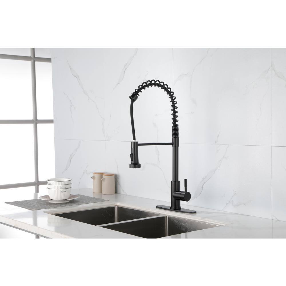 Matte Black Commercial Spring Kitchen Faucet with Pull-Out Sprayer