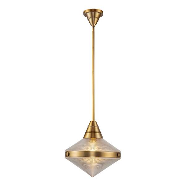 Willard 14 in. 1 Light 60-Watt Vintage Brass/Prismatic Glass Pendant Light
