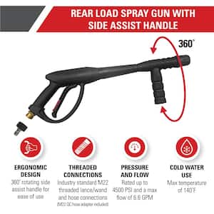 Spray Gun with Side Assist Handle, M22 Connections for Cold Water 4500 PSI Pressure Washer, Includes QC Adapter