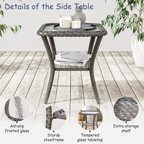 JOYSIDE - 3-Piece Wicker Swivel Outdoor Rocking Chairs Patio Conversation Set with Blue Cushions