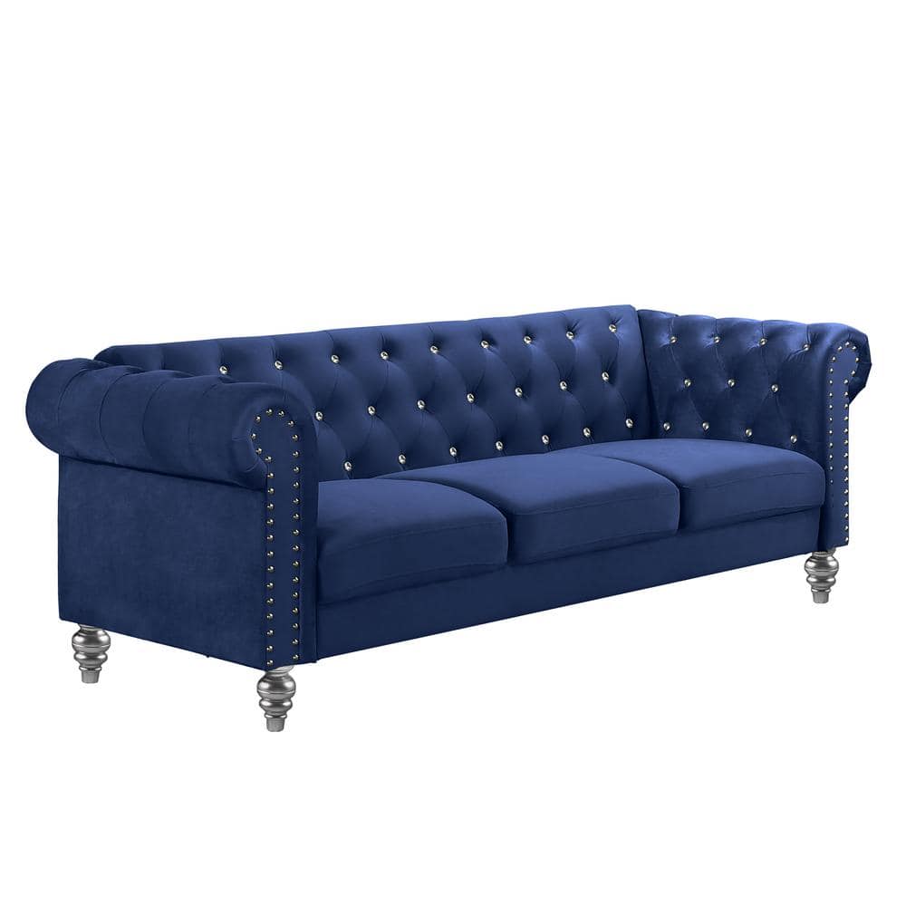 Emma Royal Blue Velvet Loveseat and Sofa Set with Crystal Buttons