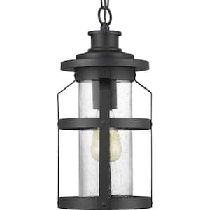 Haslett Collection 1-Light Textured Black Clear Seeded Glass Farmhouse Outdoor Hanging Lantern Light