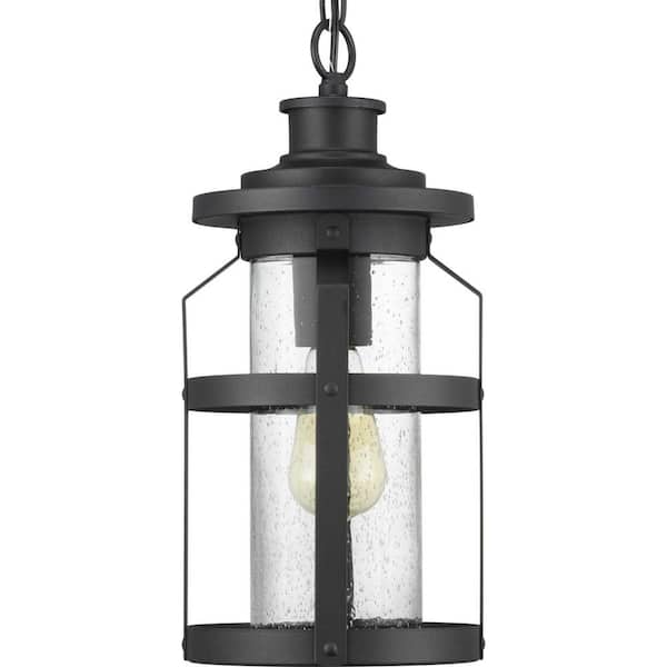 Progress Lighting Haslett Collection 1-Light Textured Black Clear Seeded Glass Farmhouse Outdoor Hanging Lantern Light