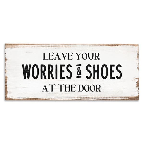 Worries and Shoes At Door Phrase by Daphne Polselli Unframed Graphic Art Print Typography 24 in. x 10 in.