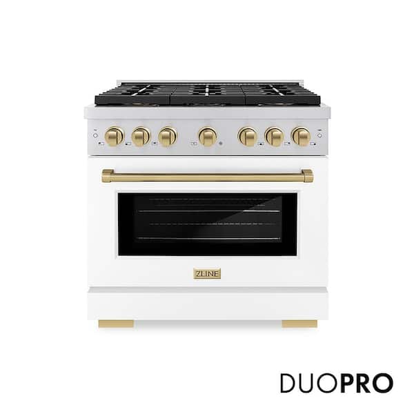Autograph 36 in. 5.2 cu. ft. Paramount Gas Range with 6-Burners and Convection Gas Oven with White Matte and Champagne