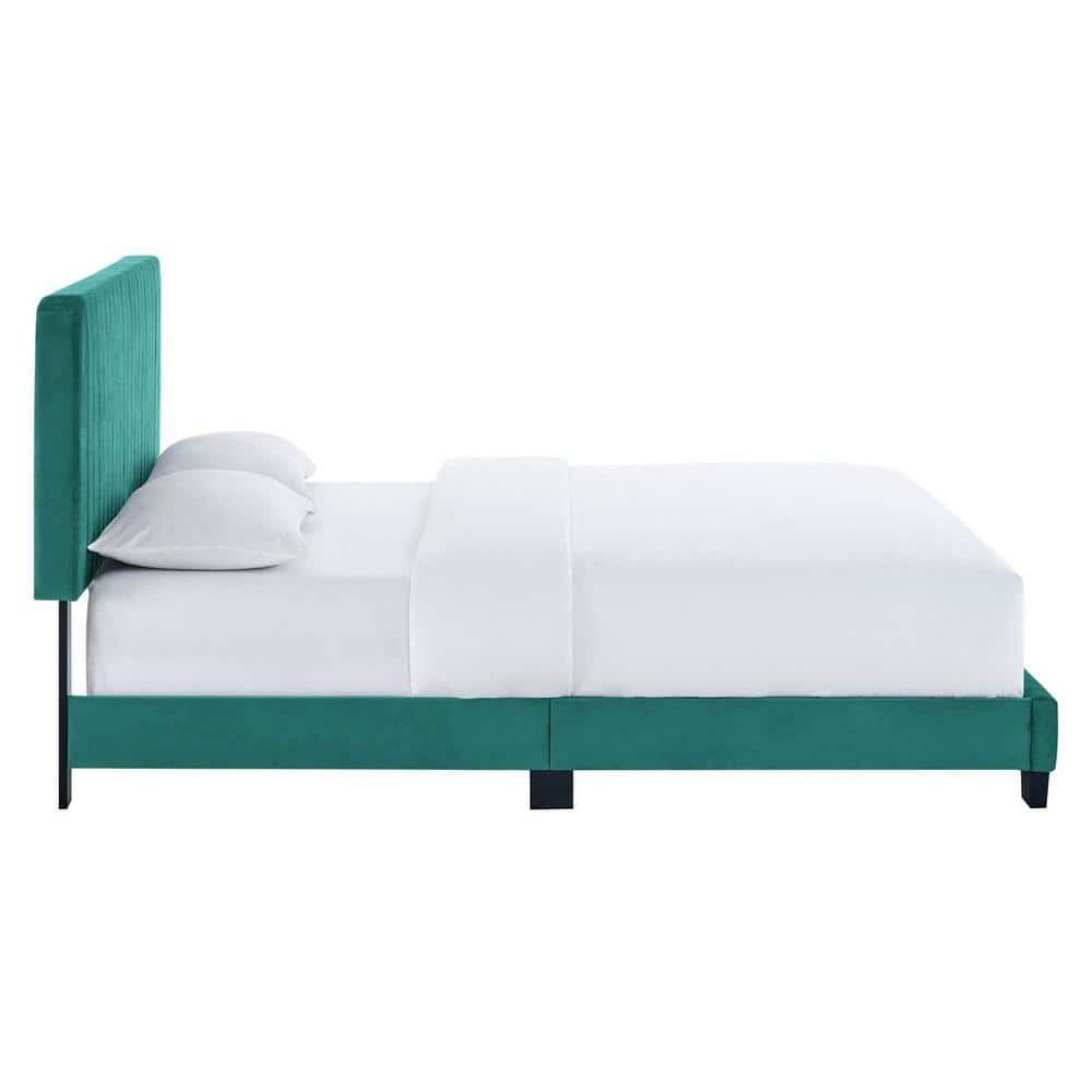 Luxe Glam Deco Teal Velvet Full Platform Bed with Channel Tufting
