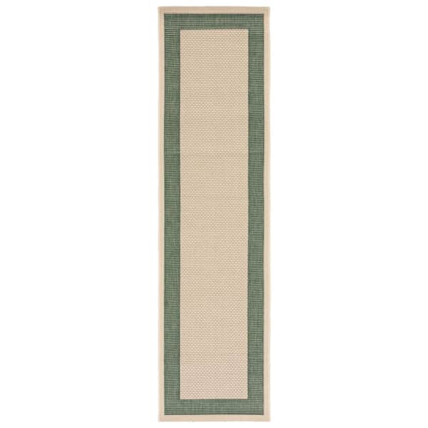 Courtyard Beige/Dark Green 2 ft. x 10 ft. Border Solid Color Indoor/Outdoor Runner Rug