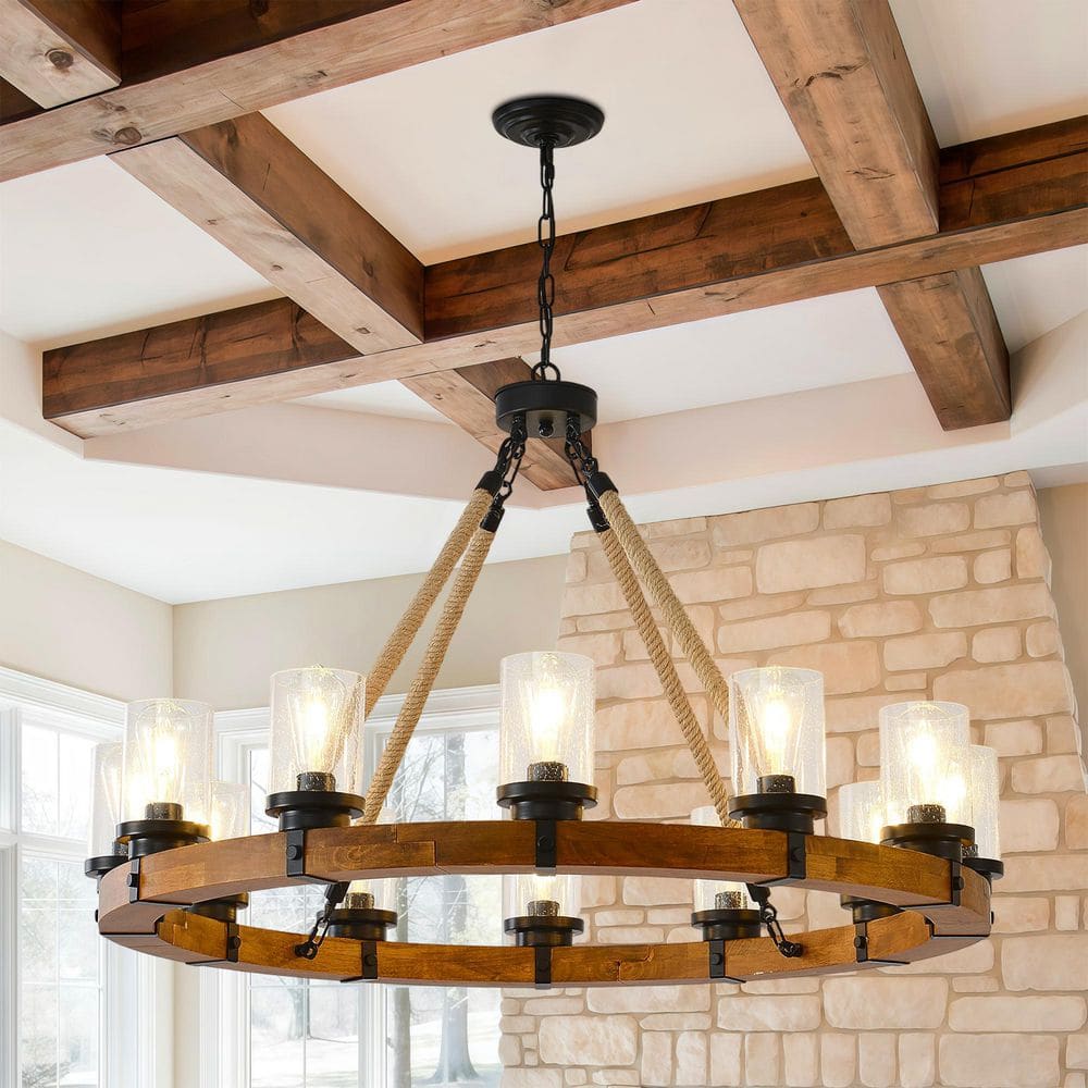 12 Light Brown Round Wood Metal Wagon Wheel Chandelier with Seeded Glass 39.37 in. Farmhouse Rustic Ceiling Light price history on PriceWatchPro