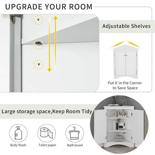 Tileon 23.6-in. W x 17.2-in. D x 31.5-in. H in White MDF Ready to Assemble Floor Corner Kitchen Cabinet with Adjustable Shelves
