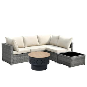 Sanibel Gray 6-Piece Wicker Outdoor Patio Conversation Sofa Set with a Wood-Burning Fire Pit and Beige Cushions