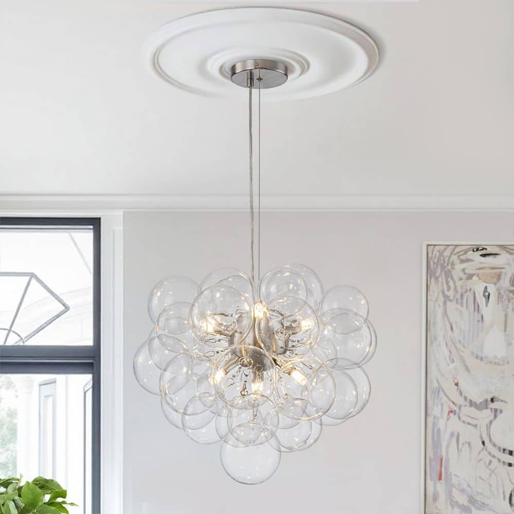 HUOKU Orbis 6-Light 19.7 in.W Brushed Nickel Bubble Clear Glass
