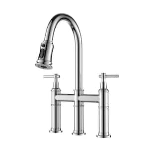Double Handle Bridge Kitchen Faucet with Pull Down Sprayer Brass 8 in. 3 Holes Kitchen Sink Faucets in Polished Chrome