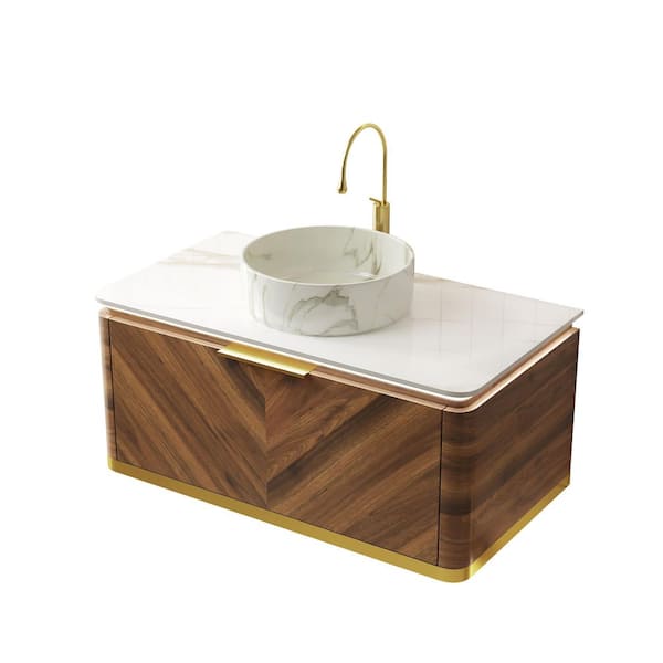 Loiry 36 in. Single Sink Floating Dark Walnut Bath Vanity with Calacatta Gold Sintered Stone Top Unassembled