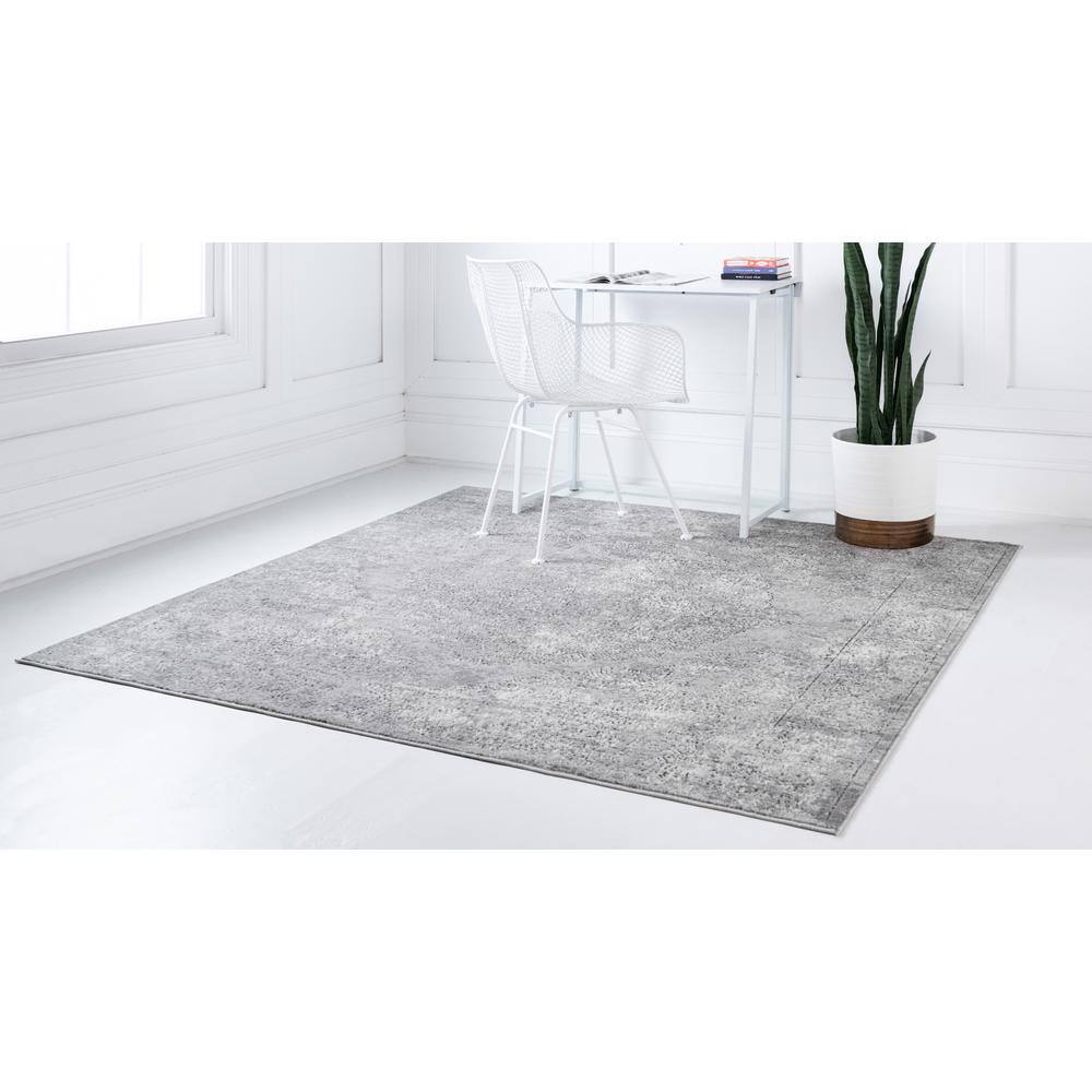 Serene Light Gray Geometric 6' Square Synthetic Area Rug