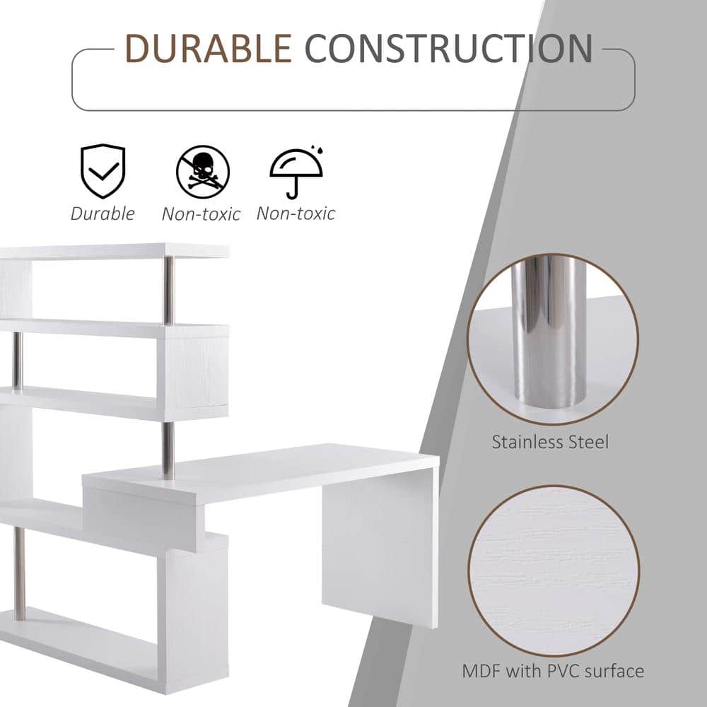 White Foldable L-Shaped Corner Writing Desk with Shelves
