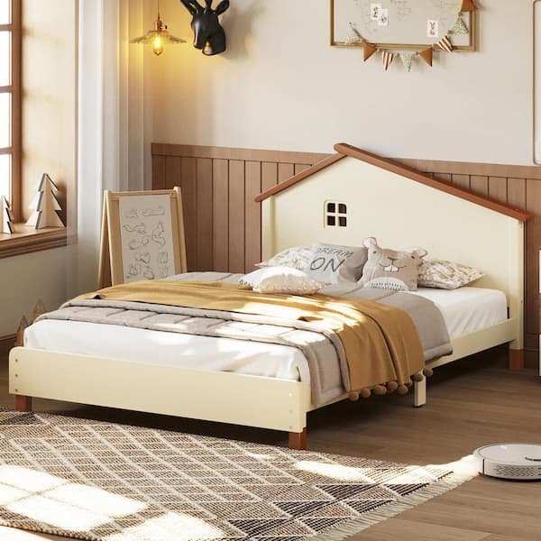 Harper & Bright Designs Cream and Walnut Full Size Wooden Platform Bed with House-Shaped Headboard