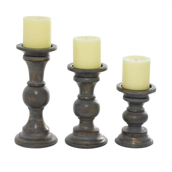 LITTON LANE Brown Mango Wood Country Cottage Candle Holder (Set of 3 ...