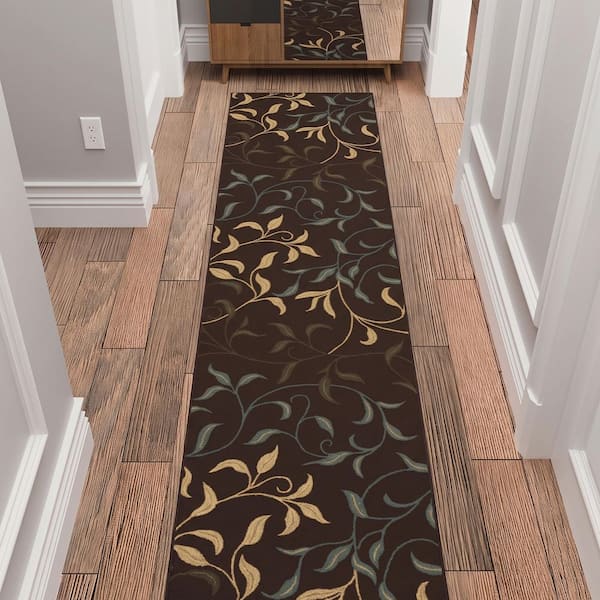 Indoor 1 ft. 10.5 in x 17 ft. Brown Non-Slip Hallway Runner Rugs for High Traffic, Leaves Design