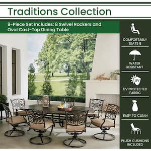 Traditions 9-Piece Aluminum Outdoor Dining Set with Tan Cushions, 8 Swivel Rockers and Oval Cast-Top Table