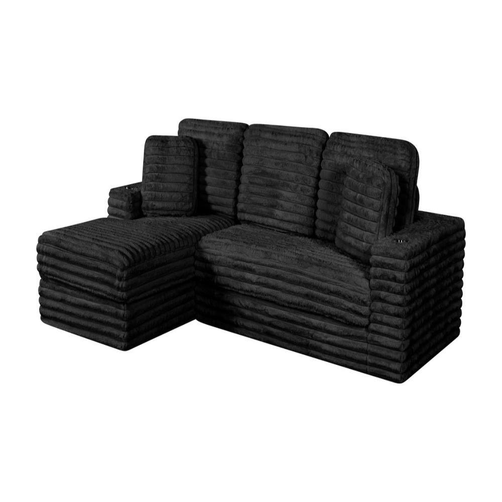 Cranon 70 in W. Straight Arm 2-Piece Faux Rabbit Fur L Shape Sectional Sofa In Black With Left Facing Chaise