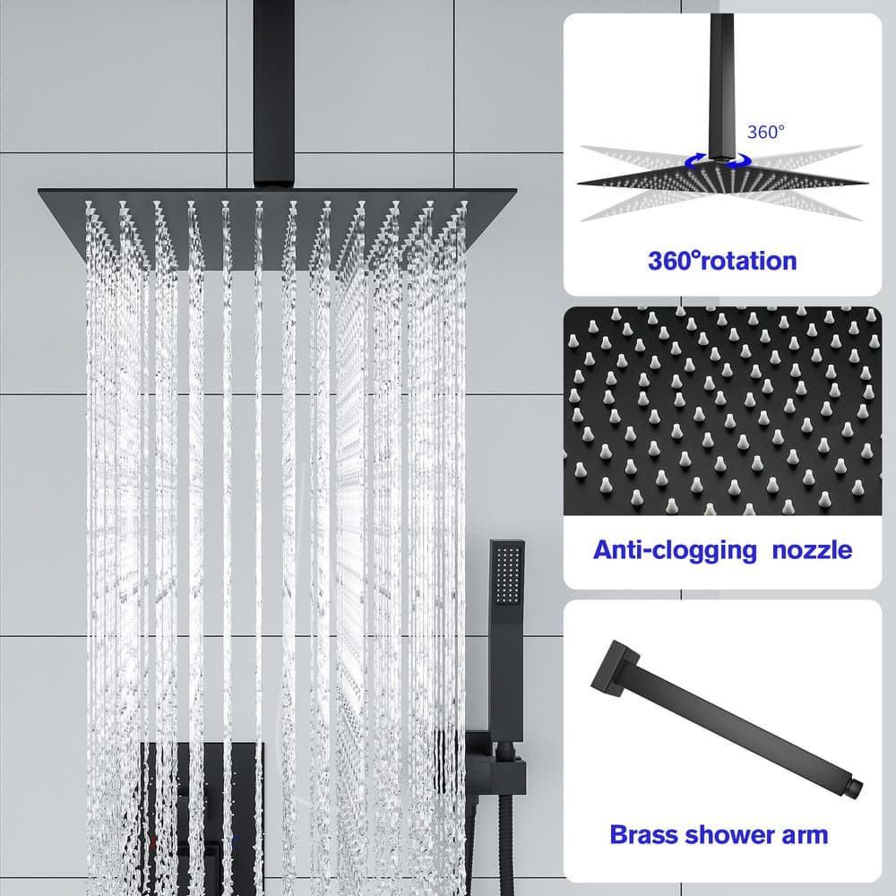Large Black Matte Dual Square Ceiling Rainfall Shower System
