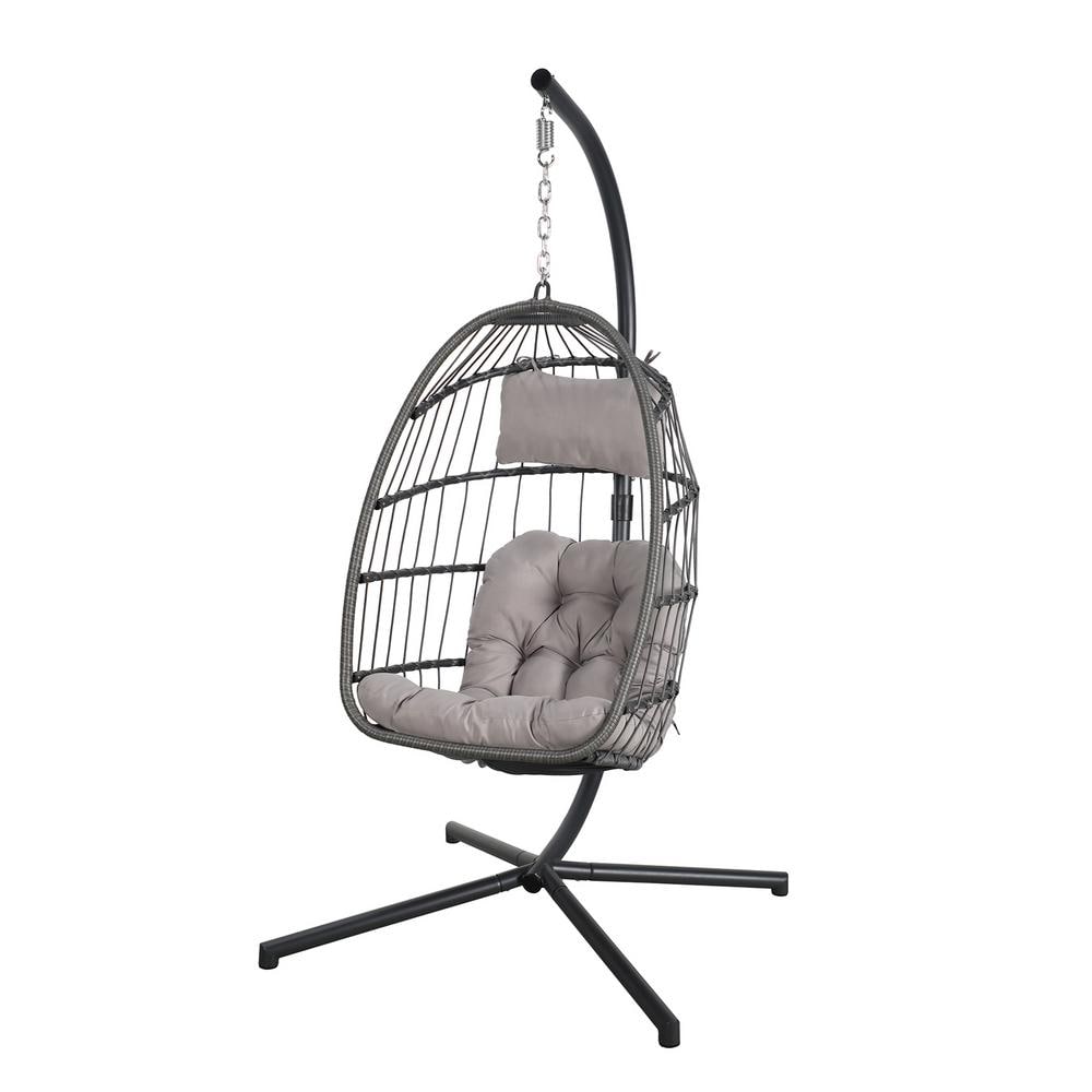 Outdoor Wicker Patio Porch Swing Egg Chair with Stand, Light Grey Cushion
