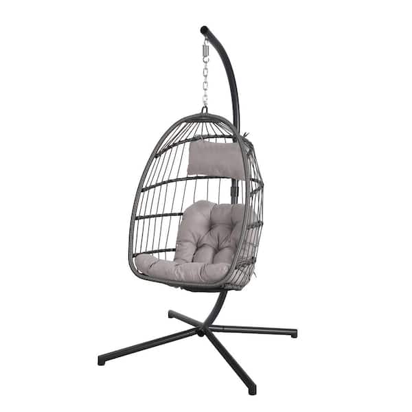Freestyle Outdoor Wicker Patio Porch Swing Egg Chair with Stand, Light Grey Cushion