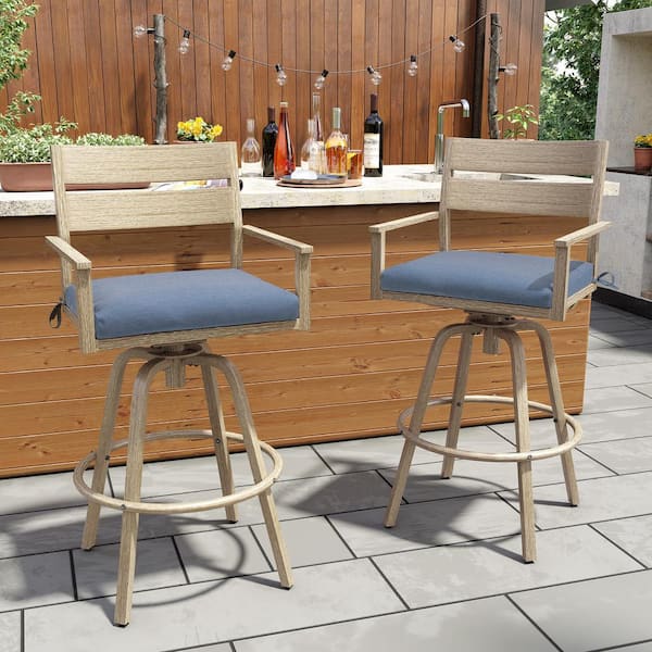 Aluminum Outdoor Bar Stool Wood Patterned Frame with Sunbrella Blue Cushion (2-Pack)