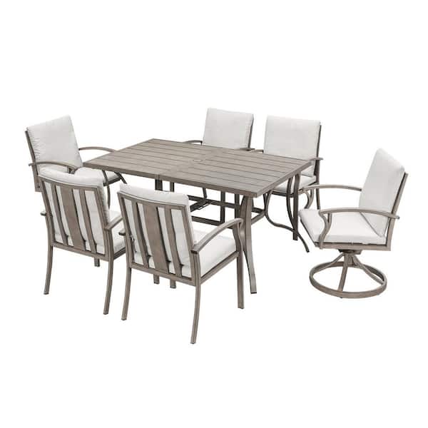 Limed Oak 7-Piece Aluminum Outdoor Dining Set with 6 Swivel Dining Chairs and Beige Cushions