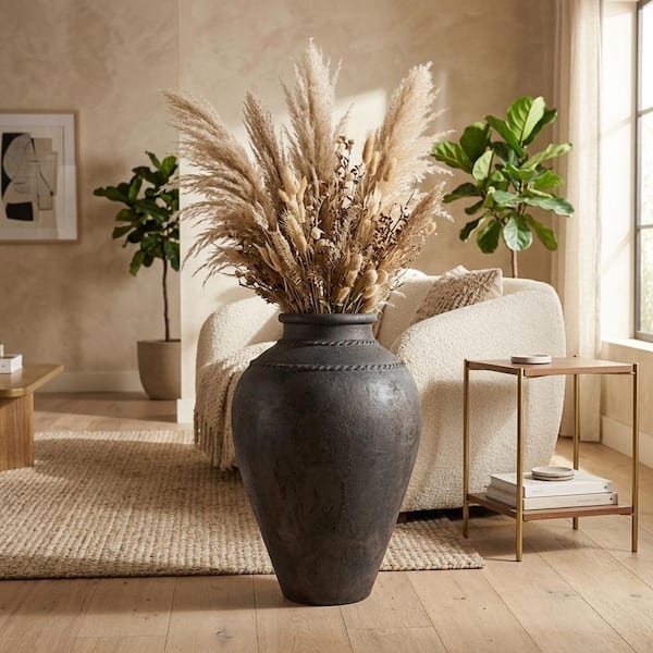 30 in. Black Terra Cotta Round Decorative Floor Vase