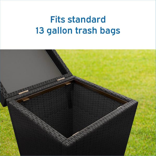 HEARTH & HARBOR 35 Gal. Black Wicker Rattan Outdoor Trash Can with