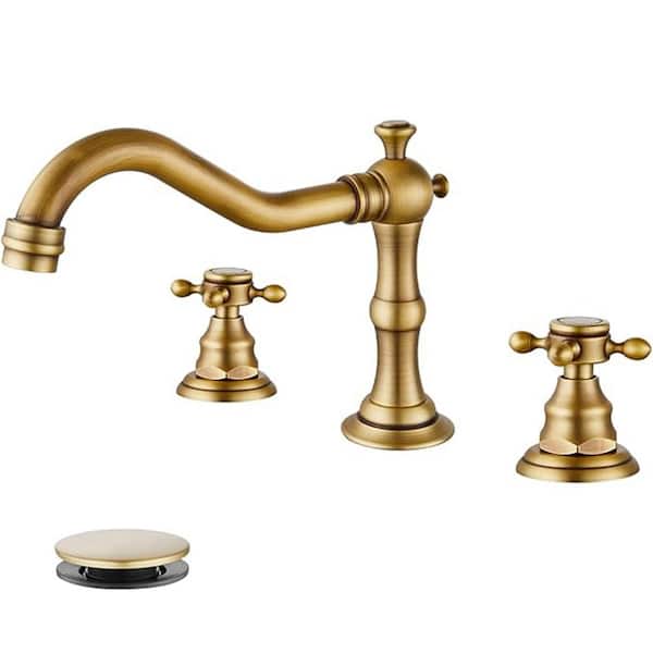 Farmhouse 8 in. Widespread Double Handle Bathroom Faucet 3-Holes With Pop-Up Drain Assembly in Antique Brass