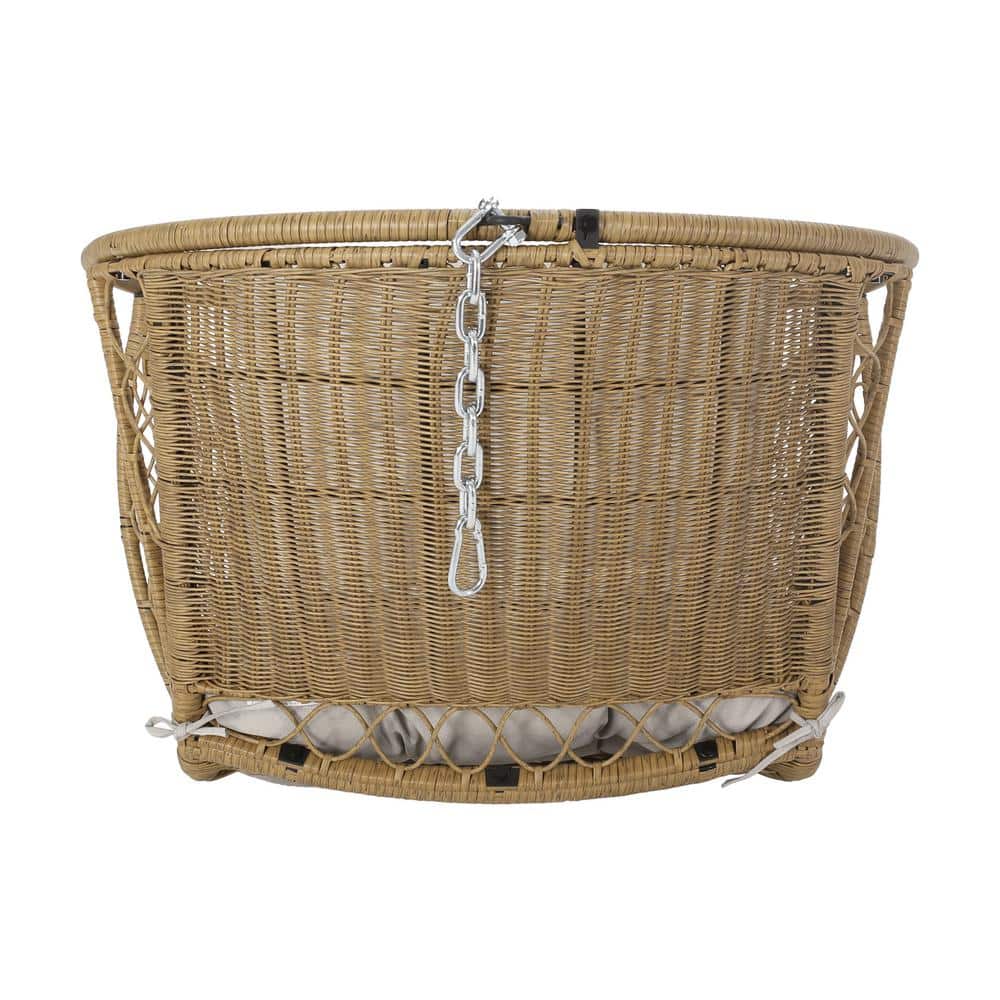 Scandinavian Light Brown Outdoor Egg Hanging Chair with Beige Cushions