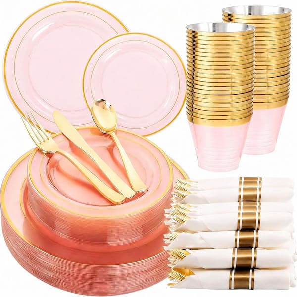 350-Piece Clear Pink and Gold Rim Plastic Dinnerware Set with Plates, Silverware, Cups, Napkins Service