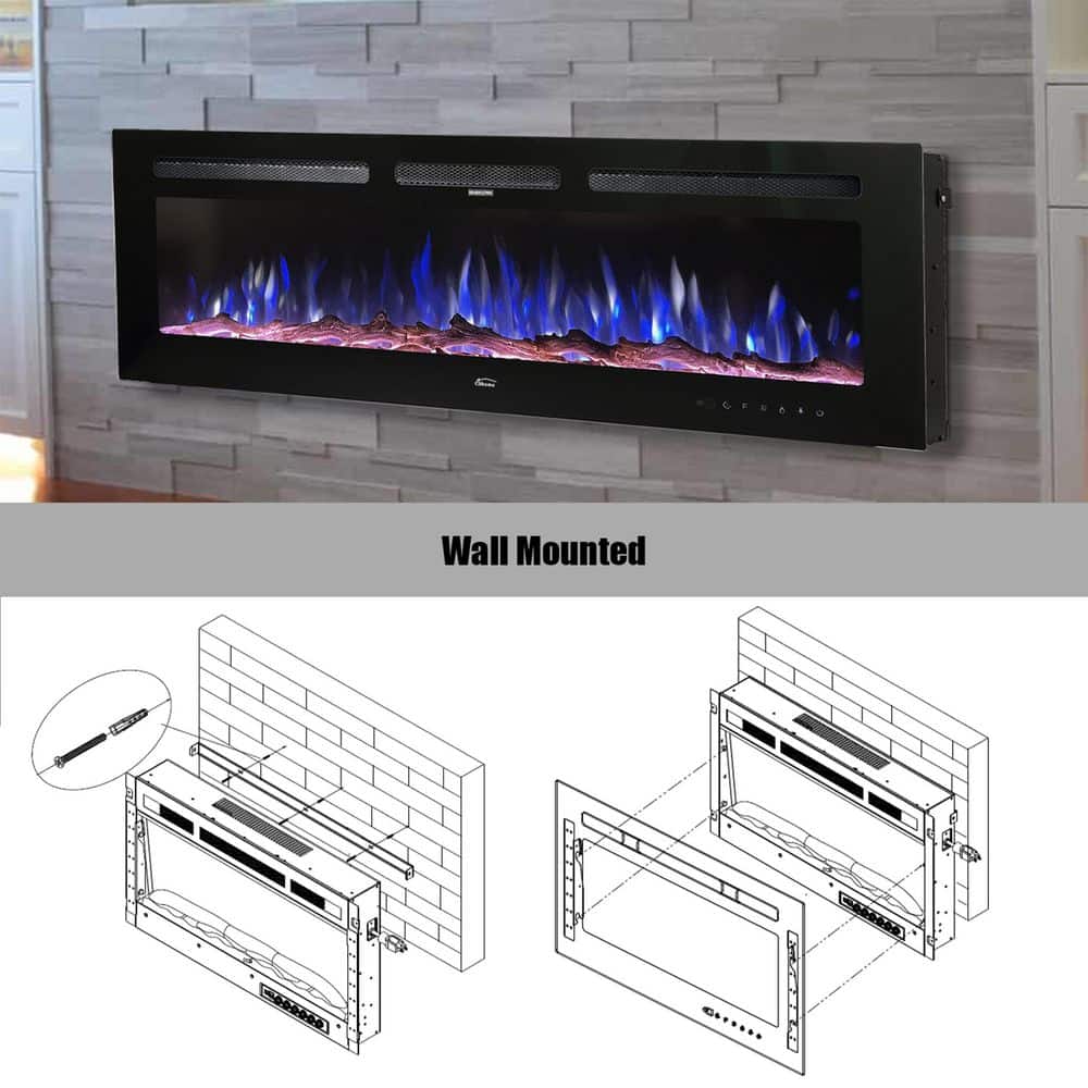 Corretto 72" Black Wall Mounted Electric Fireplace with Mantel