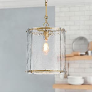 12.6 in. 1-Light Modern Farmhouse Gold Adjustable Chain Pendant Light with Cylinder Handcrafted Textured Glass Shade