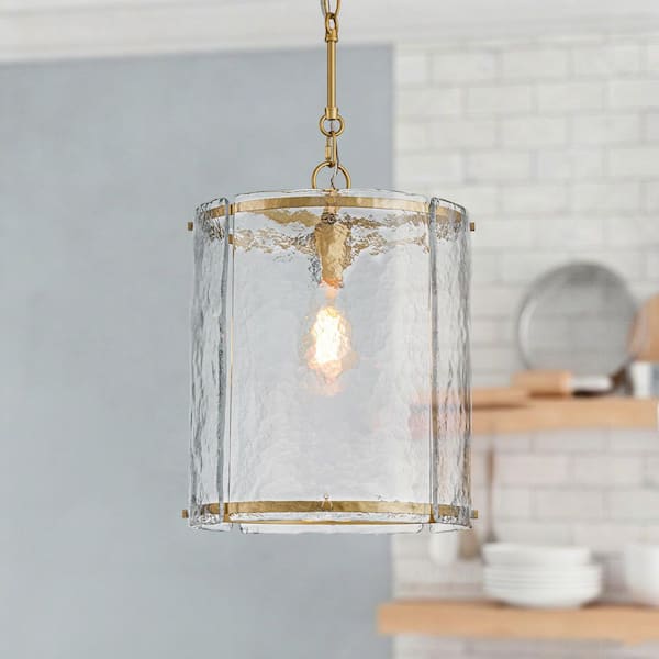 Y'INSP 12.6 in. 1-Light Modern Farmhouse Gold Adjustable Chain Pendant Light with Cylinder Handcrafted Textured Glass Shade