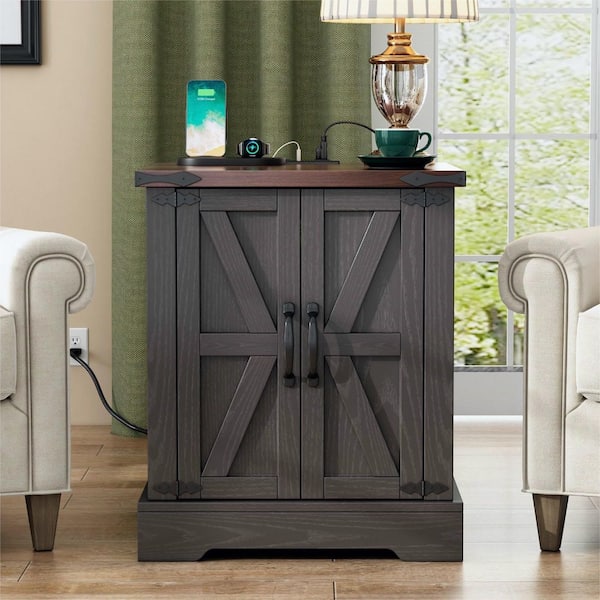19.6 in. Grey Rectangular Wood End Table with Charging Station, Adjustable Shelf, Barn Doors and Retro Hinges