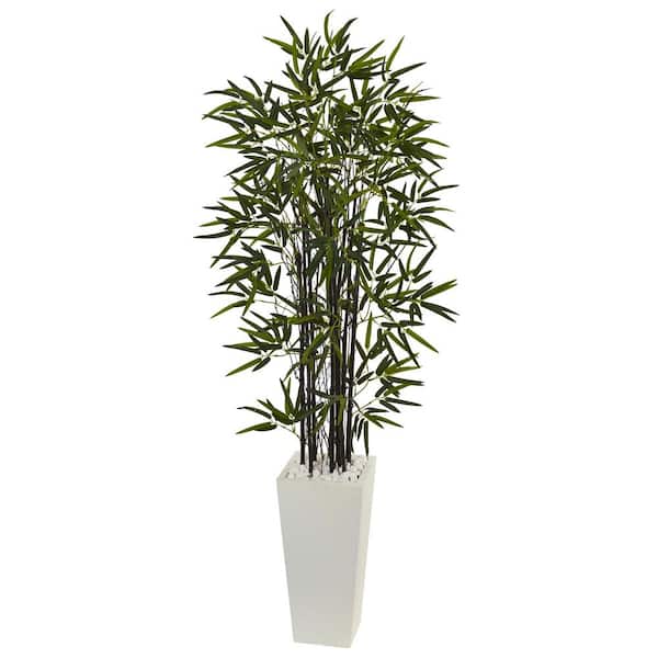Nearly Natural 5.5 ft. Black Bamboo Artificial Tree in White Tower Planter