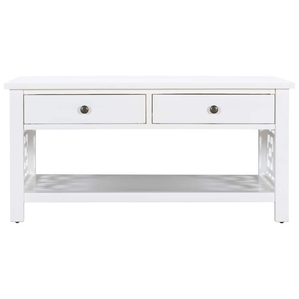 41.70 in. White Rectangle Wood Coffee Table with Two Drawers