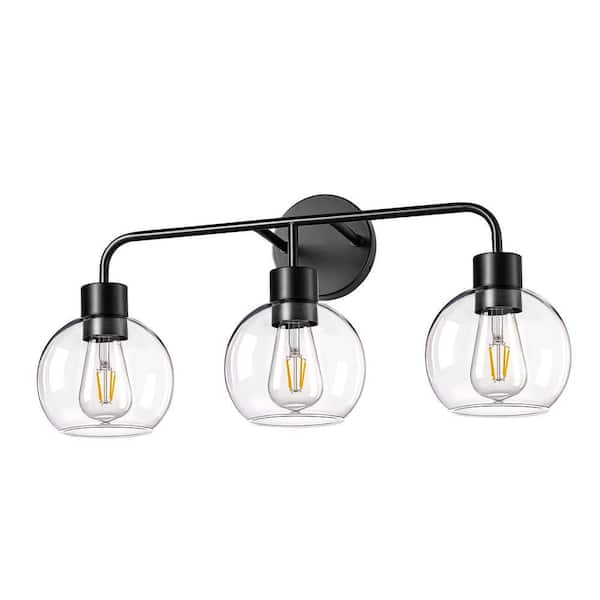 24 in. 3-Light Matte Black Vanity Light with Ball-Shaped Clear Glass Shade
