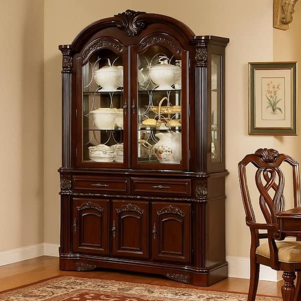 Mina Cherry Brown and Clear 87 in. H China Buffet Accent Cabinet with Hutch and Glass Doors