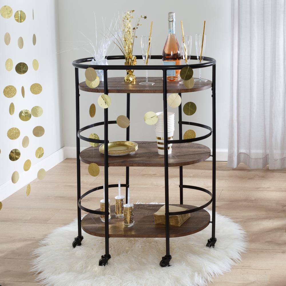 Rustic Brown and Black 3-Tier Oval Bar Cart with Storage
