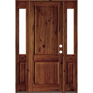 64 in. x 96 in. Rustic Alder Square Red Chestnut Stained Wood V-Groove Left Hand Single Prehung Front Door