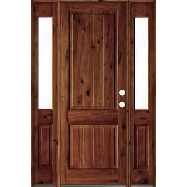 Krosswood Doors 64 in. x 96 in. Rustic Alder Square Red Chestnut Stained Wood V-Groove Left Hand Single Prehung Front Door