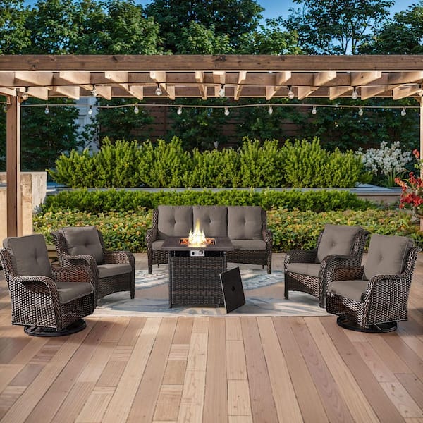 ArcoBay 6-Piece Brown Wicker Patio Square Fire Pit Conversation Set with Gray Cushions and Swivel Rocking Chairs