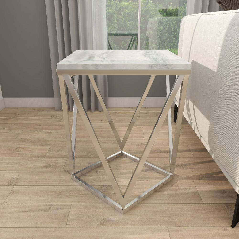 Elegant Silver Stainless Steel & Marble Square Accent Table - 18" x 21"