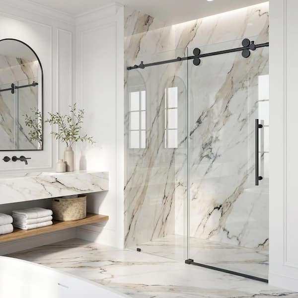 Elan 56 to 60 in. W x 74 in. H Frameless Sliding Shower Door in Matte Black with 3/8 in. (10 mm) Clear Glass