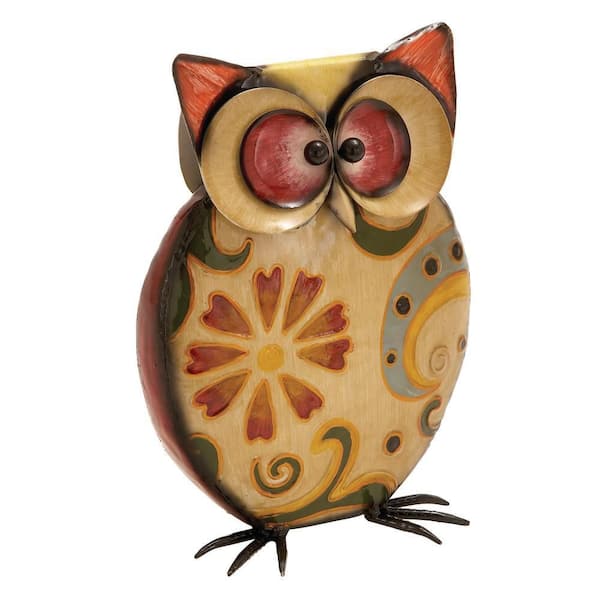 11 in. Metal Indoor Outdoor Owl Garden Sculpture with Floral Pattern