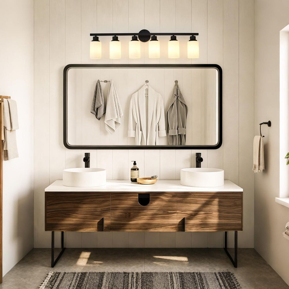 38.4 in. 6-Light Matte Black Vanity Light Fixtures With White Glass Shades Bathroom Light Fixture for Over Mirror price history on PriceWatchPro